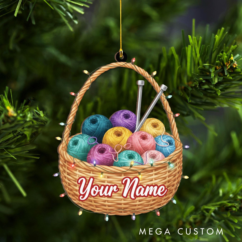 Personalized Yarn Basket Ornament Custom Name Knitting Crochet Christmas Gift Knitter Seamstress Crafter Keepsake