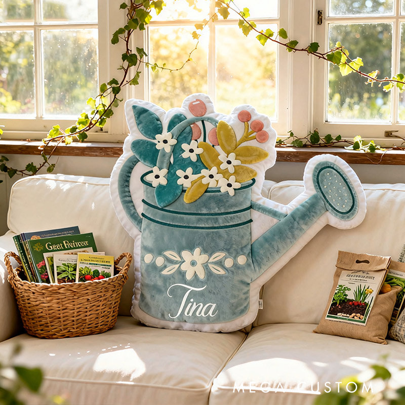 Personalized Watering Can Pillow Graphic 3D Print Blue Floral Watering Can and Custom Name Pillow for Gardening Lovers