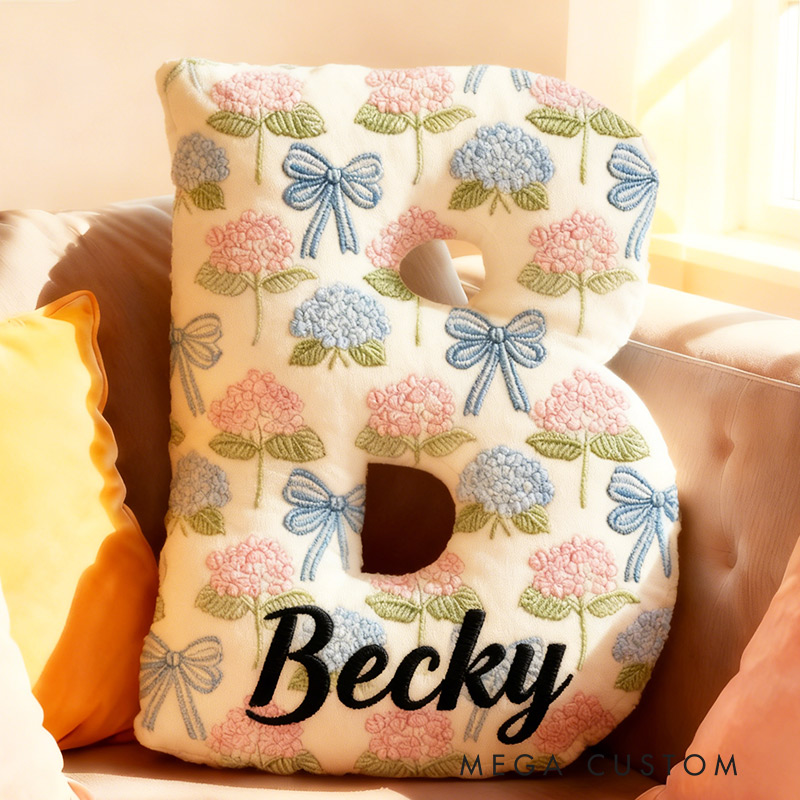 Personalized Hydrangea Letter Letter Pillow Graphic 3D Print Bow and Hydrangea Custom Name Pillow for Gardening Lovers