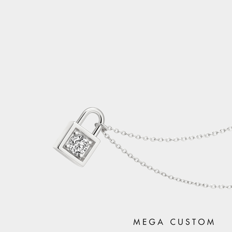 Personalized sterling silver lock necklace – customizable with engraving and a birthstone pendant.