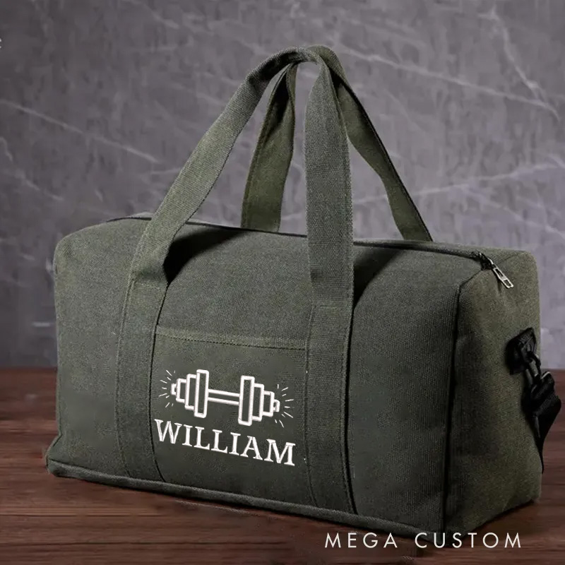 Personalized Embroidery Gym Canvas Duffle Bag Gear Bag Custom Name and Dumbbell Design for Fitness Enthusiast