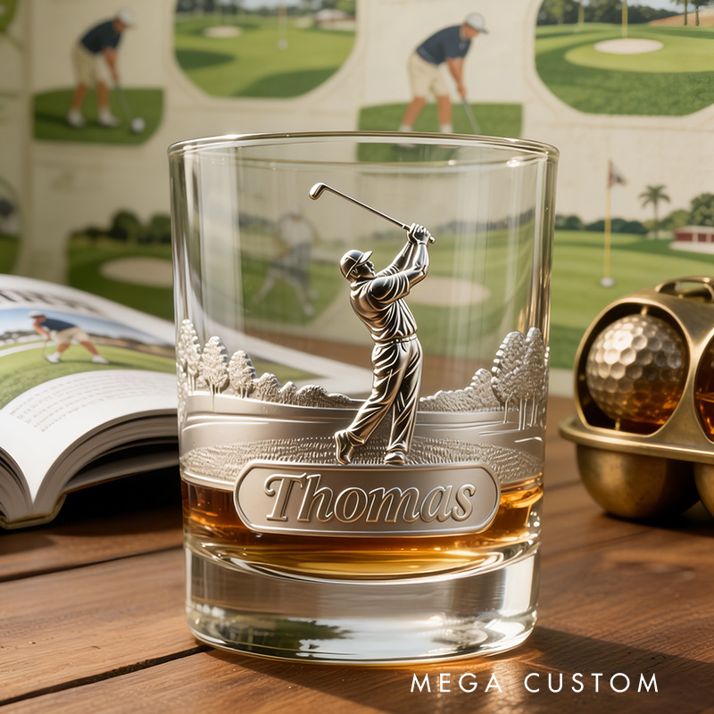 Personalized Golf Whiskey Glass 2D Metallic Style Print with Custom Name for Golf Lovers