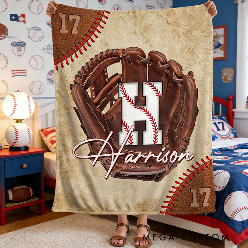 Personalized Baseball Lover’s Throw Blanket with Baseball Glove Design with Initials Name and Number Gift for Baseball Enthusiasts