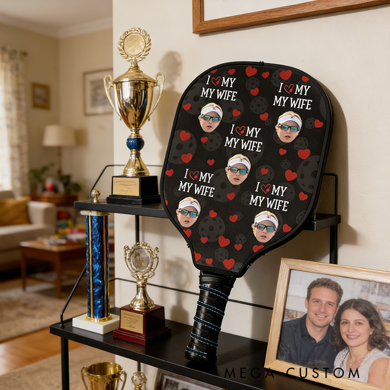 Personalized Photo Pickleball Paddle Cover I Love My Wife Custom Funny Face Valentine's Day Gift 