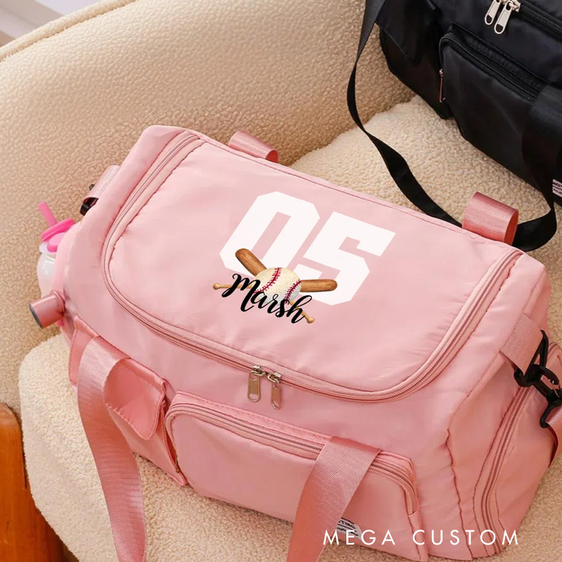 Personalized Ball Sports Name Number Large Travel Bag with Multiple Compartments and Shoulder Straps Birthday Back to School Gift for Sport Lover