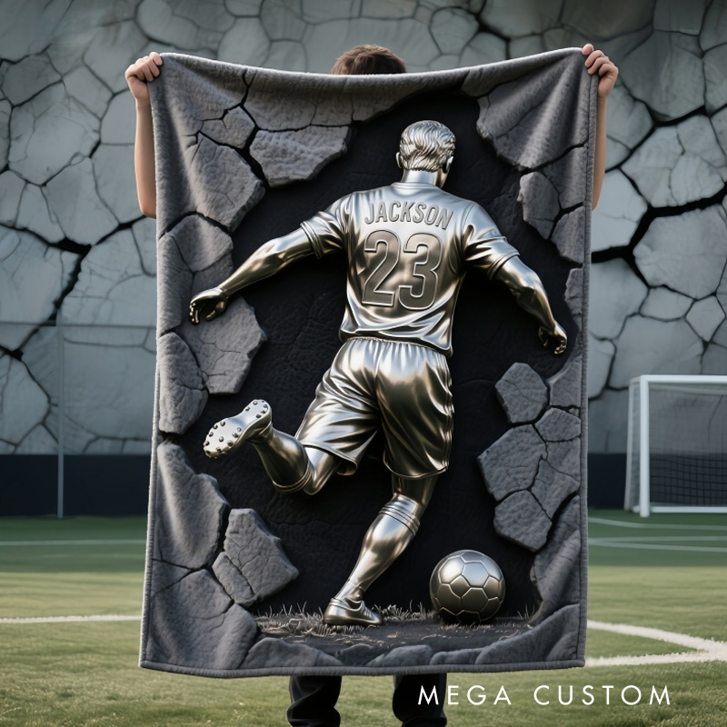 Personalized Soccer Blanket 2D Metallic-Style Soccer Print with Soccer Player Name And Number 
