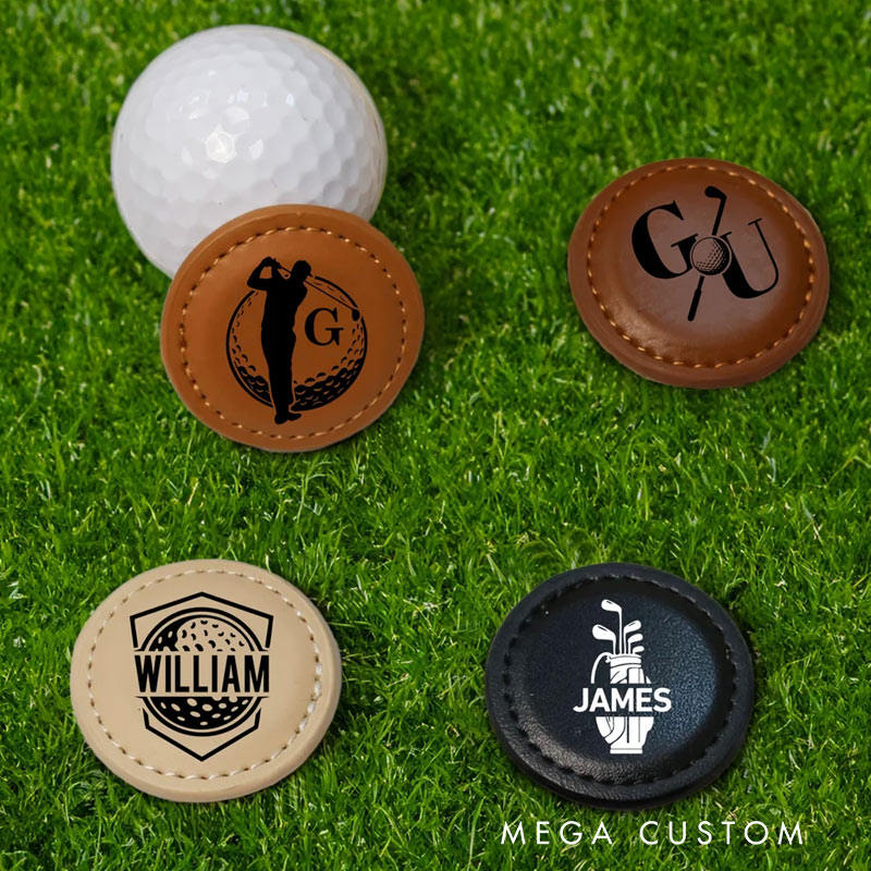 Personalized Golf Silhouette Monogram PU Leather Magnetic Golf Ball Marker with Initial and Name Birthday Father's Day Gift for Golf Lovers