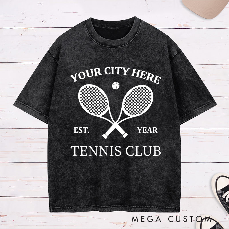 Personalized Tennis Washed T-Shirt Featuring Timeless Club Logo and Custom Name and Year