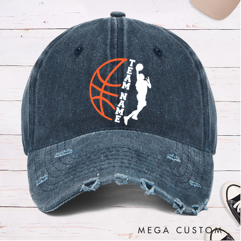 Personalized Distressed Denim Basketball Cap with Vertical Team Name and Player Silhouette Design