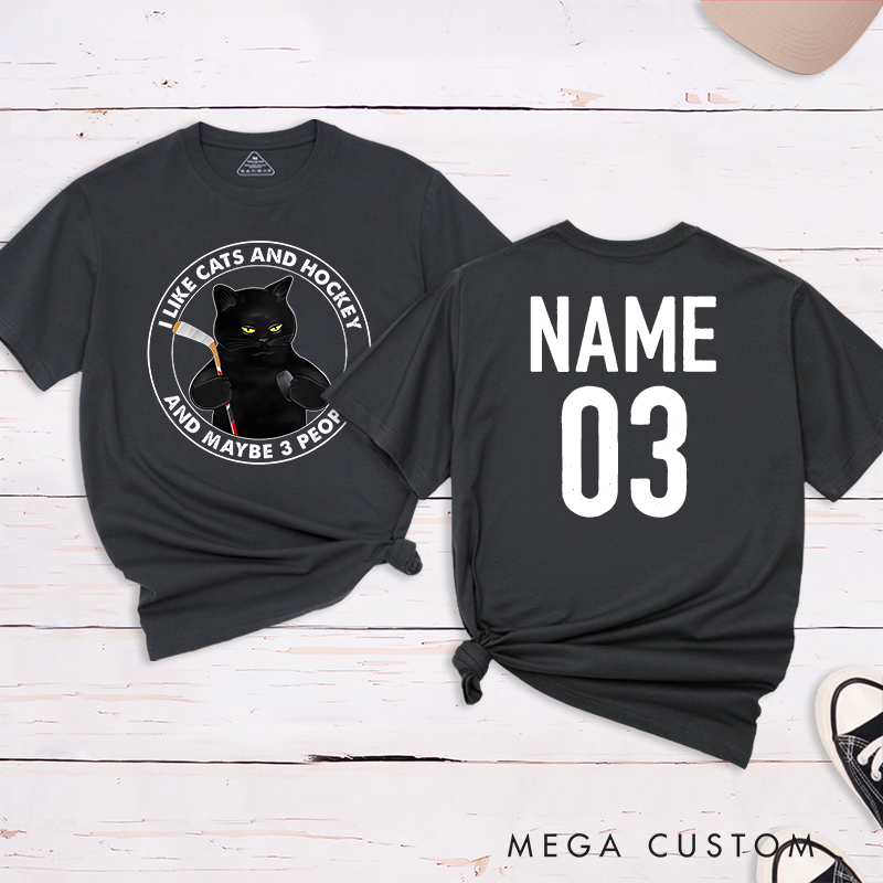 Personalized Funny Cat and Hockey Lover T-Shirt with Custom Name and Number