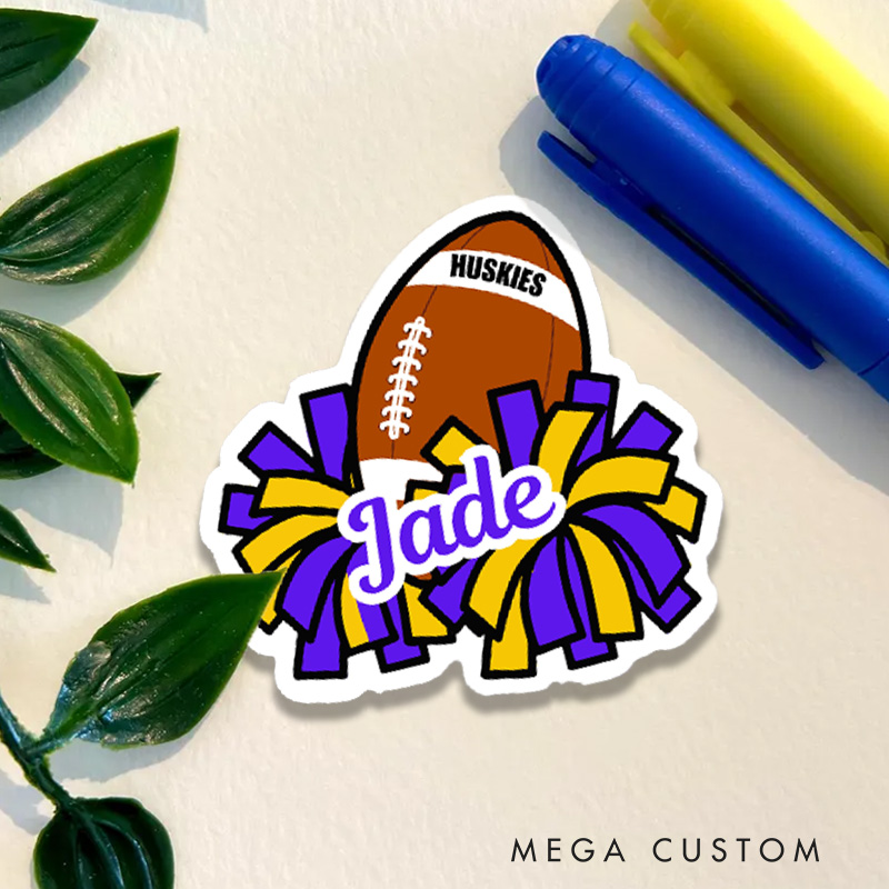 Personalized American Football and Rugby Cheerleader Name Sticker with Custom Team Name and Player Name