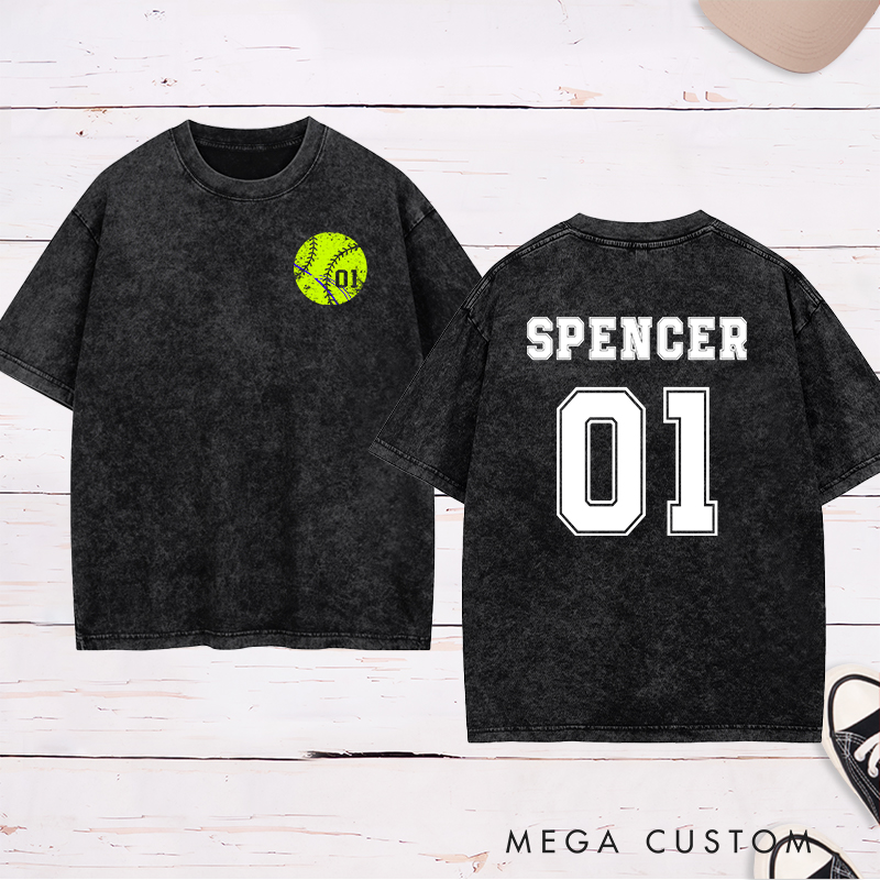 Personalized Softball Washed T-Shirt Design Featuring Custom Player Name Jersey Number and Bold Softball Graphic