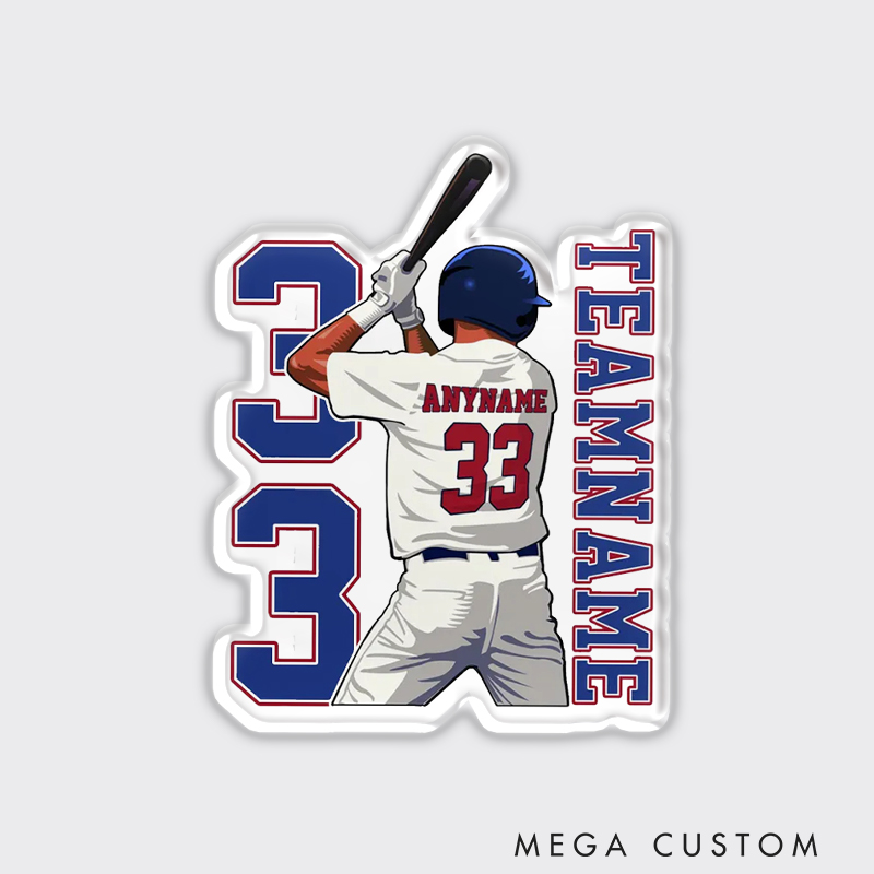 Personalized Baseball Fridge Magnet with Player Swinging Pose and Custom Name 