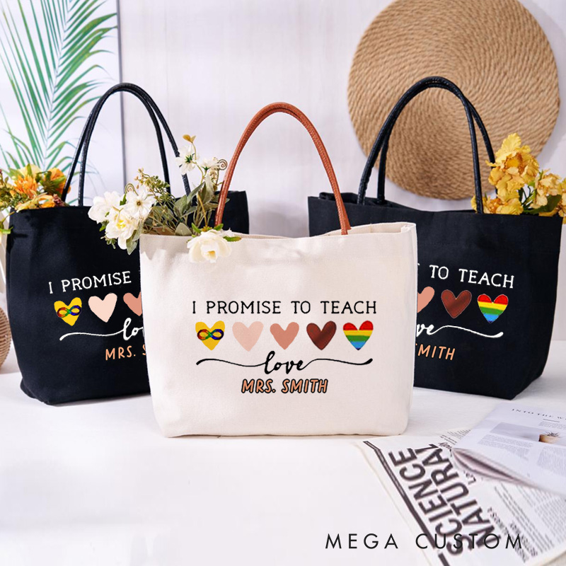 Personalized Teacher Canvas Tote Bag I Promise to Teach Love Design Appreciation Gift for Math Teachers