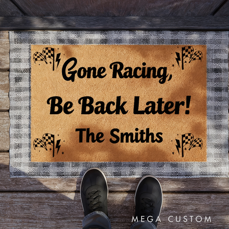 Personalized Go Racing Checkered Flag Doormat with Custom Name Design for Racers and Racing Lovers