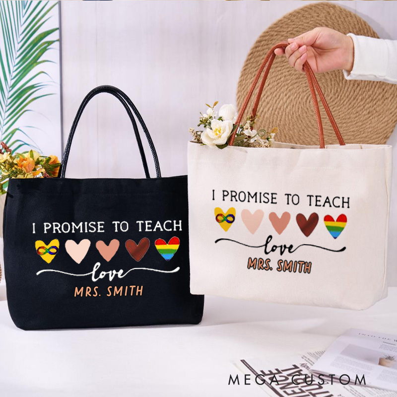 Personalized Teacher Canvas Tote Bag I Promise to Teach Love Design Appreciation Gift for Math Teachers