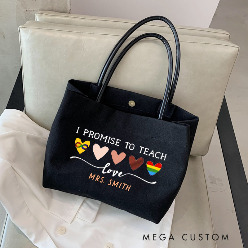 Personalized Teacher Canvas Tote Bag I Promise to Teach Love Design Appreciation Gift for Math Teachers