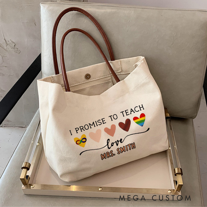 Personalized Teacher Canvas Tote Bag I Promise to Teach Love Design Appreciation Gift for Math Teachers