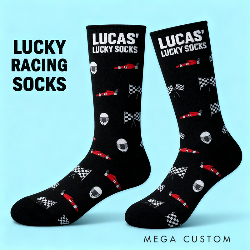 Personalized Lucky Socks with Custom Name and Racing Car Design  Gift for Racers and Racing Lovers