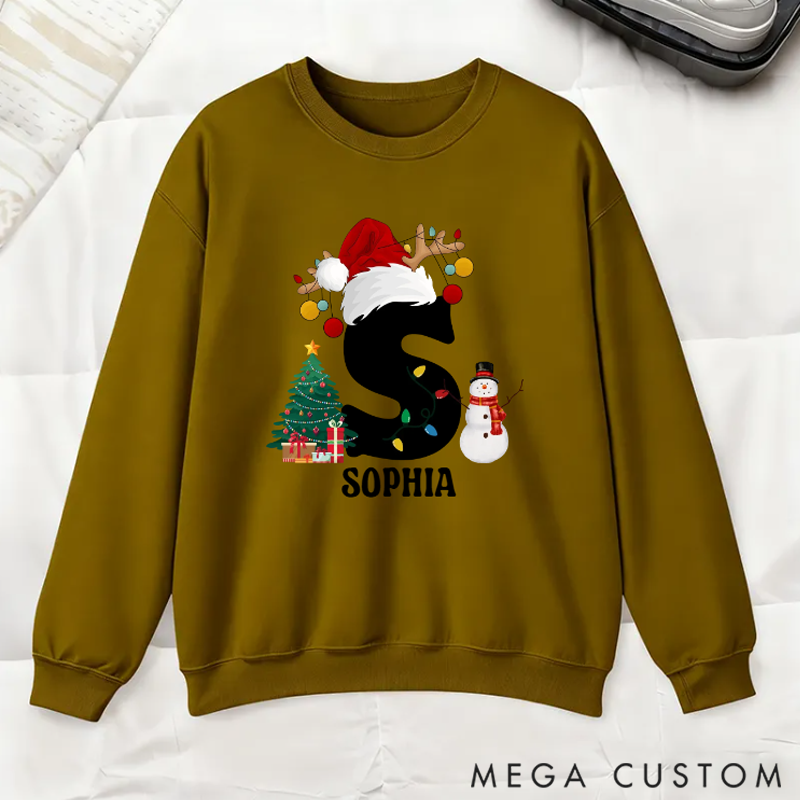 Personalized Christmas Trees Snowmen Multicolor Sweatshirt Hoodie with Initial and Name Christmas Gift for Family 