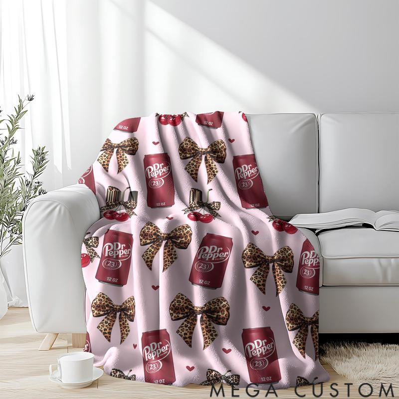 Personalized Dr Pepper Flannel Leopard print bow Throw Blanket - Versatile For Sofa, Bed, Office, Camping- Cozy Nap Blanket