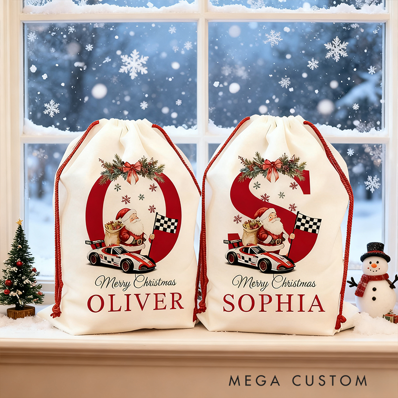 Personalized Racing Car Christmas Sack Custom Initial and Name Gift Bag for Racing Car Lovers and Holiday Celebration
