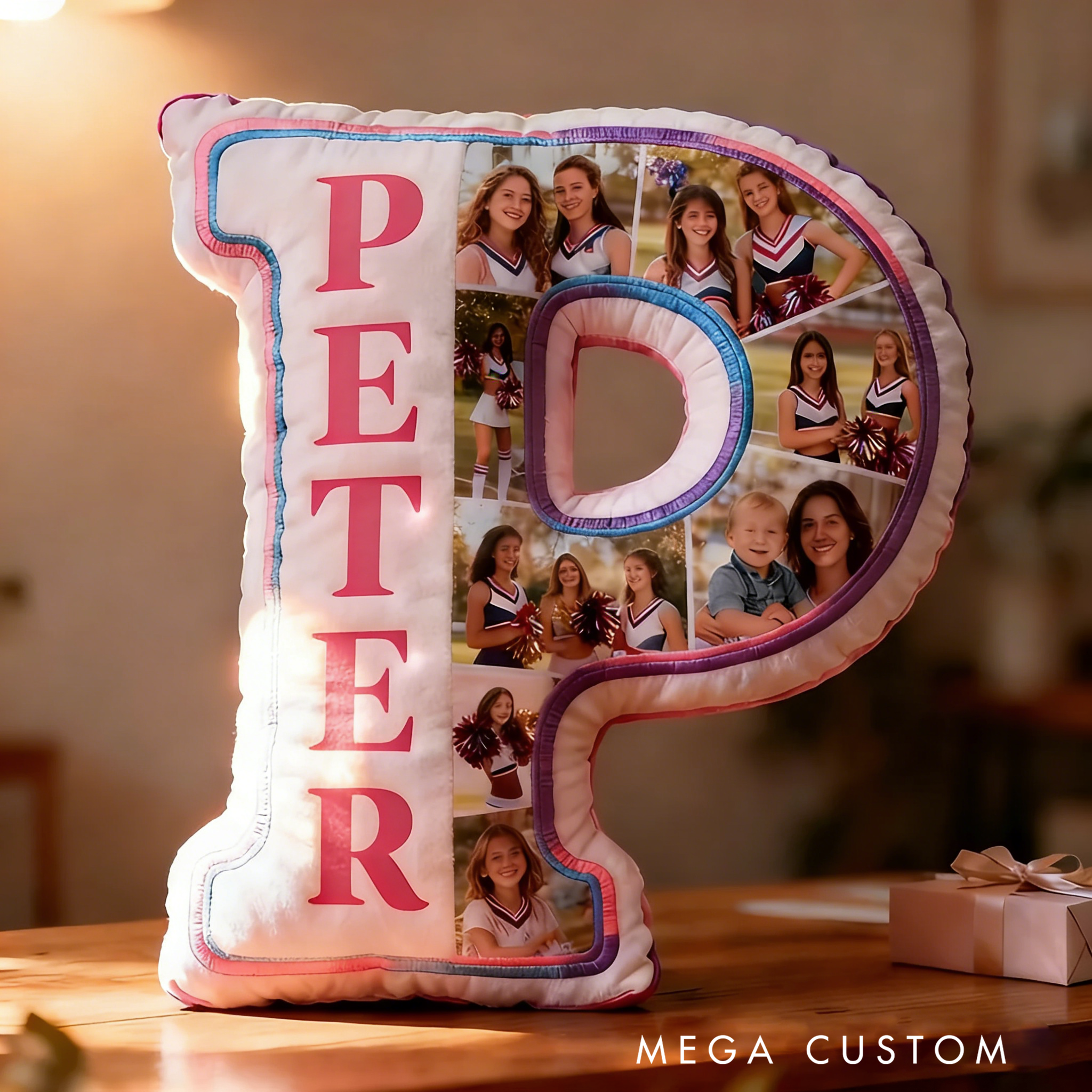 Personalized Cheerleader Photo Collage Initial Pillow with Custom Name for Family and Friends