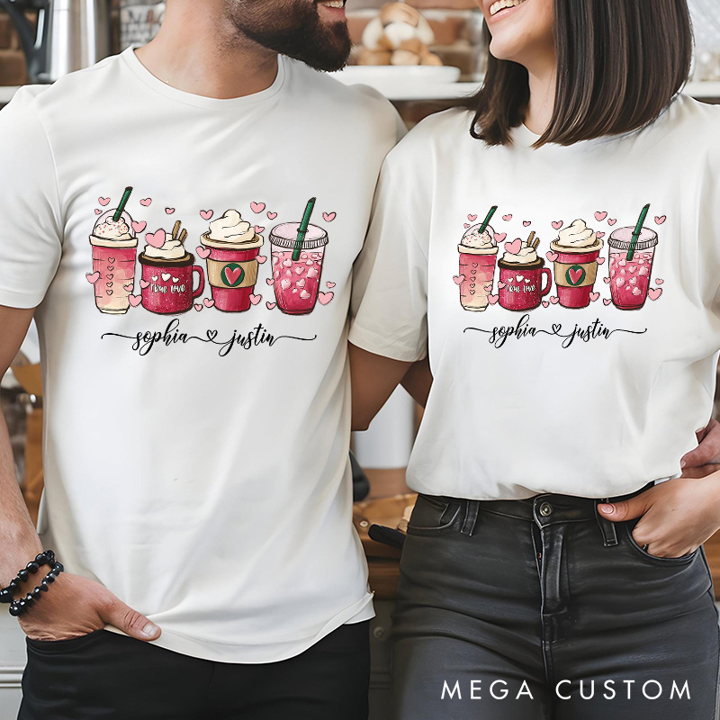 Personalized Couple Coffee Cup and Heart Matching T-Shirt with Name Valentine's Day T-Shirt for Husband Wife Boyfriend Girlfriend Gift for Hubby Wifey