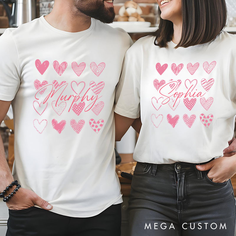 Personalized Couple Sweet Pink Hearts Matching T-Shirt with Name Valentine's Day T-Shirt for Husband Wife Boyfriend Girlfriend Gift for Hubby Wifey