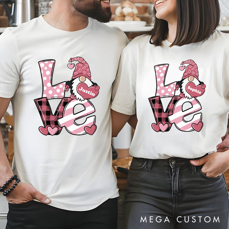 Personalized Couple Pink Love Gnome Holding Heart Matching T-Shirt Valentine's Day T-Shirt for Husband Wife Boyfriend Girlfriend Gift for Hubby Wifey