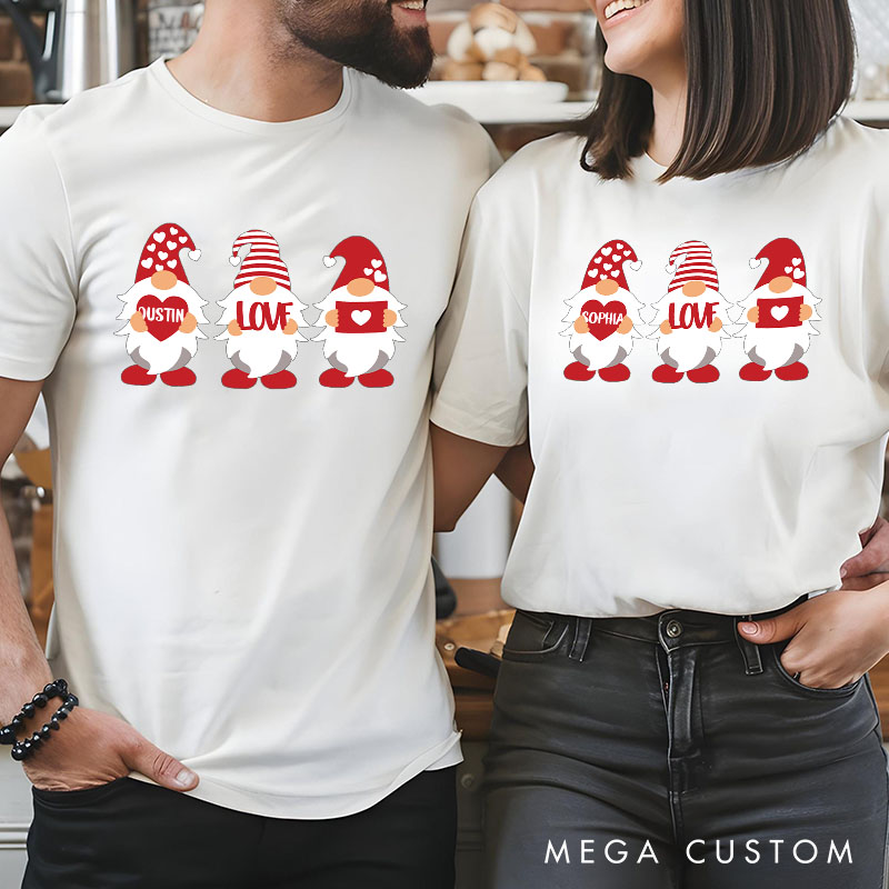 Personalized Couple Adorable Gnome with Heart and Name Matching T-Shirt Valentine's Day T-Shirt for Husband Wife Boyfriend Girlfriend Gift