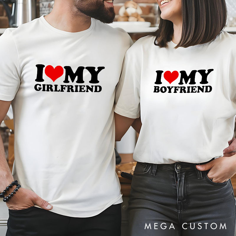 Personalized Couple I Love My Girlfriend Matching T-Shirt with Name Valentine's Day I Love My Boyfriend T-Shirt for Boyfriend Girlfriend