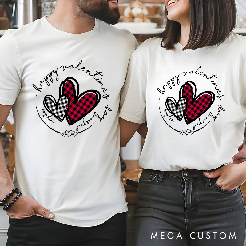 Personalized Couple Plaid Heart with Name Matching T-Shirt Happy Valentine's Day T-Shirt for Husband Wife Boyfriend Girlfriend Gift for Hubby Wifey