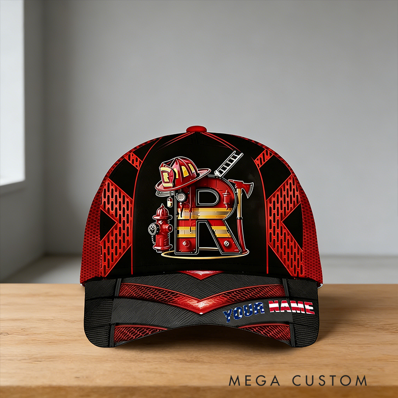 Personalized Firefighter Gifts Custom Name and Initial Alphabet Full Print Cap Firefighter Helmet Hydrant Graphic Hat for Firemen