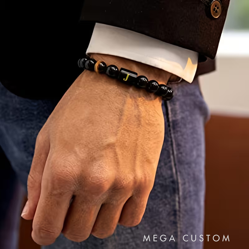 Personalized Tiger Eye Stone Letter Bracelet Fashion A To Z Letters Groomsmen Bracelets Men’s Gifts Valentine’s Day Gifts Dad Anniversary Gift for Him