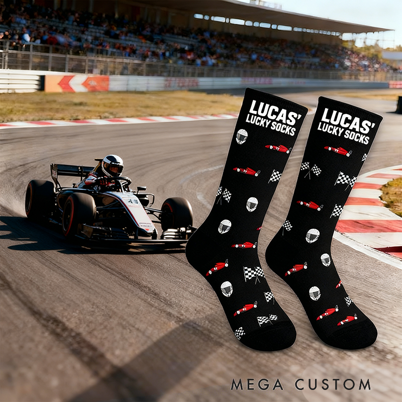 Personalized Lucky Socks with Custom Name and Racing Car Design  Gift for Racers and Racing Lovers