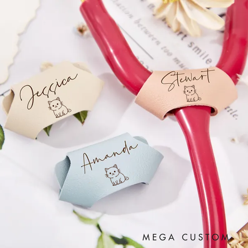 Personalized Leather Engraved Stethoscope Tag Nurse Gifts Cute Cat Stethoscope Id Tags Unique Gifts for Nurse Doctor Graduation