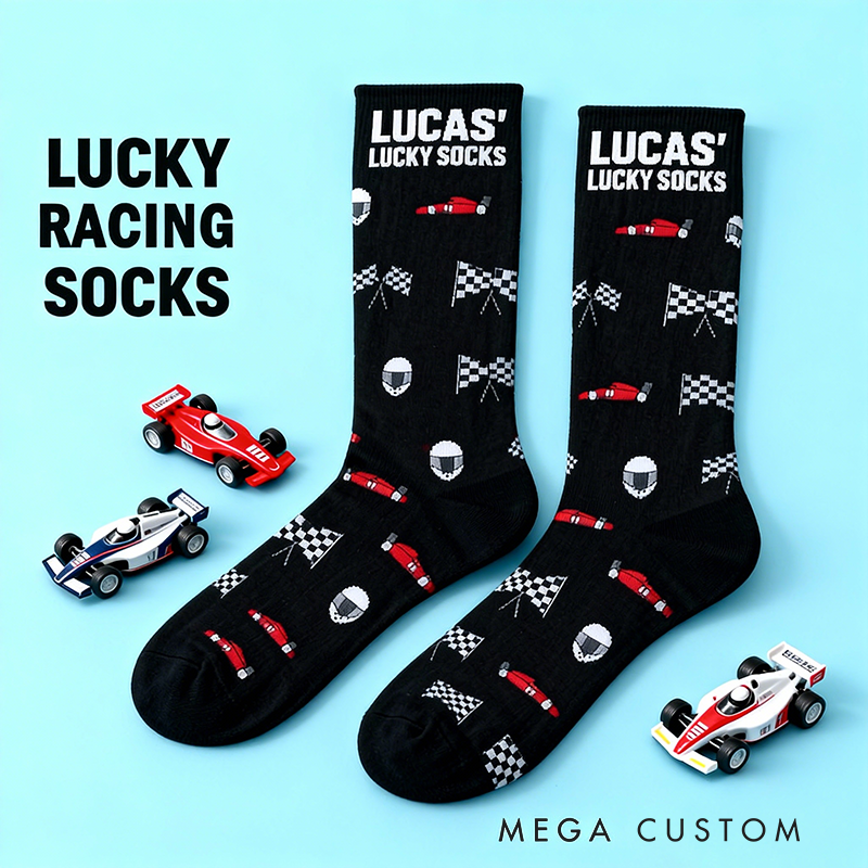 Personalized Lucky Socks with Custom Name and Racing Car Design  Gift for Racers and Racing Lovers