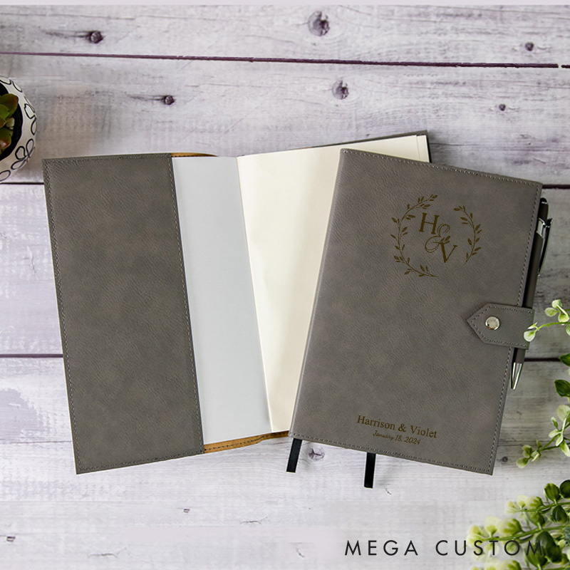 Personalized Laurel Branches with Initials and Date Wedding Couple Leather Journal with Snap Closure
