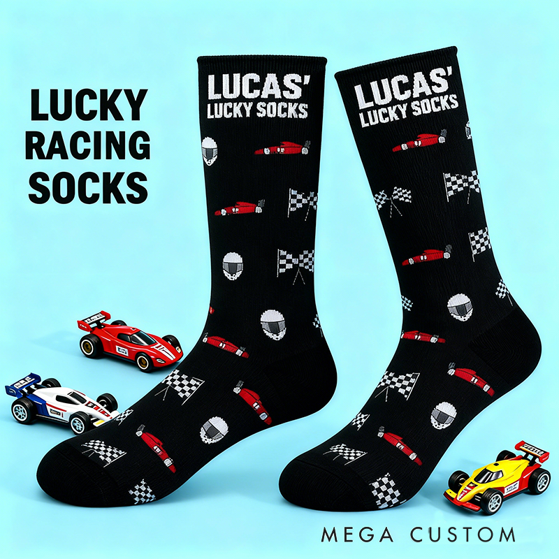 Personalized Lucky Socks with Custom Name and Racing Car Design  Gift for Racers and Racing Lovers