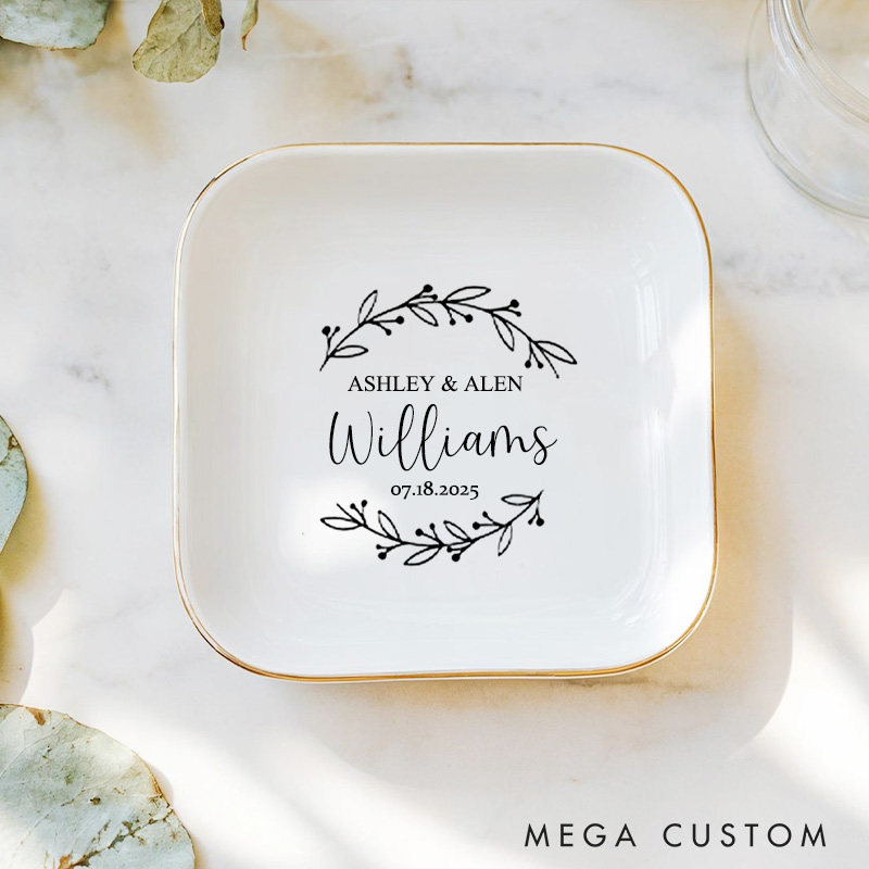 Personalized Delicate Botanical Wreath Wedding Monogram Wedding Engagement Gold-Trimmed Ring Dishes
