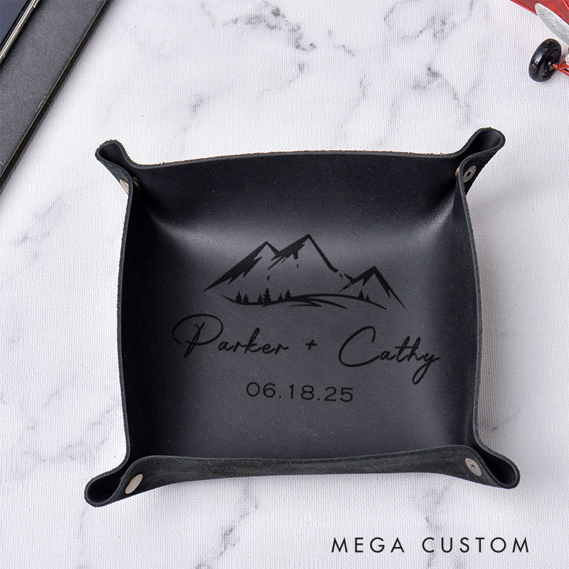Personalized Mountain Peaks Couple Wedding Engagement Men Leather Tray