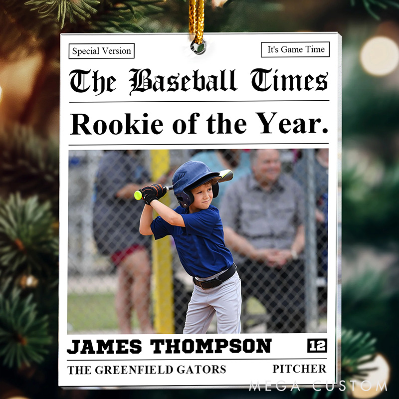 Personalized The Sports Times Baseball Newspaper Design Acrylic Christmas Ornament with Custom Photo and Text