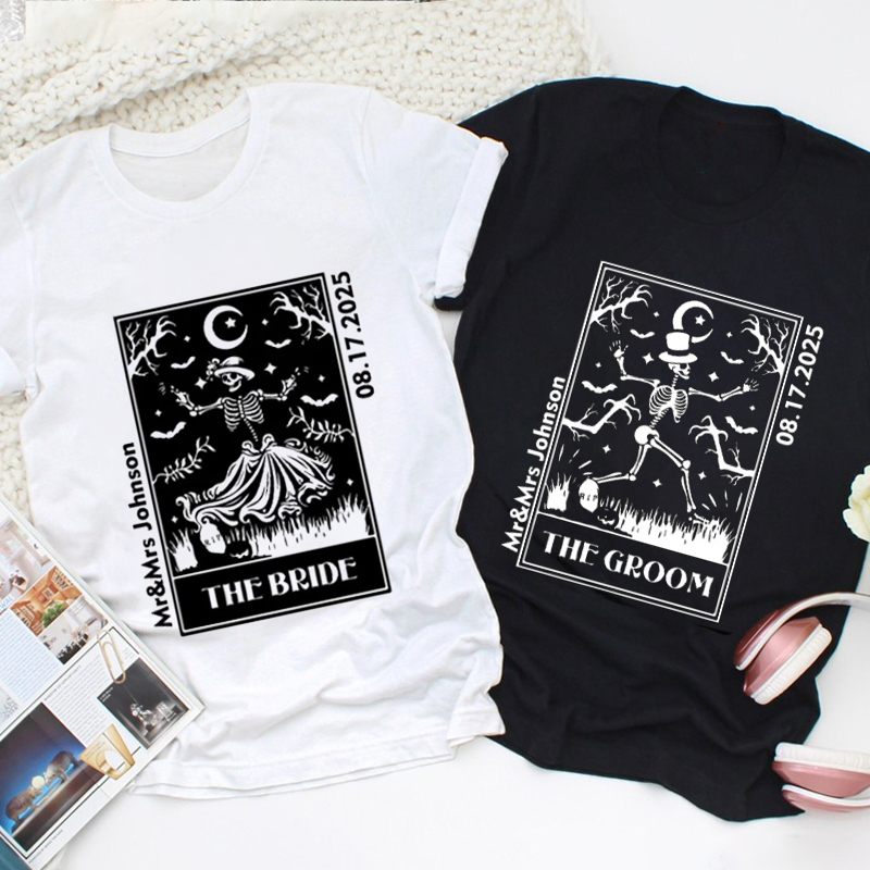 Personalized Whimsical Tarot Card Skeleton Bride and Groom Wedding Couple Classic T-Shirt