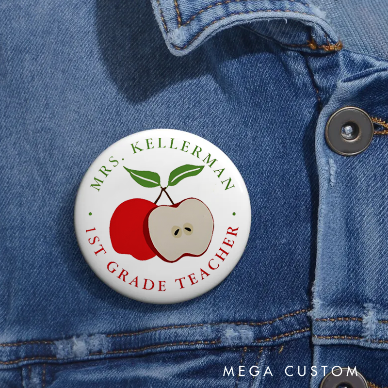 Personalized Teacher Button Pin Red Apple Teacher Fun Badge Gift Teacher Appreciation Gift
