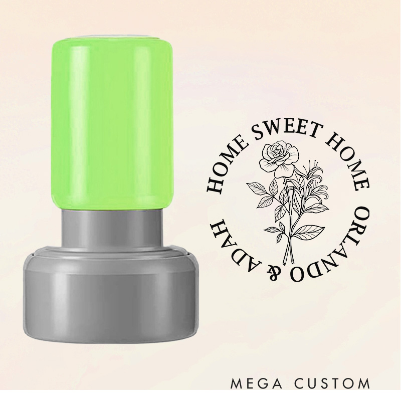 Personalized Round Housewarming Stamp Home Sweet Home Design October Birth Flower Marigold Custom Names Decorative Stamp for New Homeowners Gifts