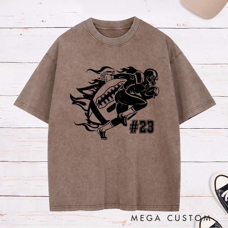 Personalized American Football Action Flames Washed T-Shirts Featuring Custom Number