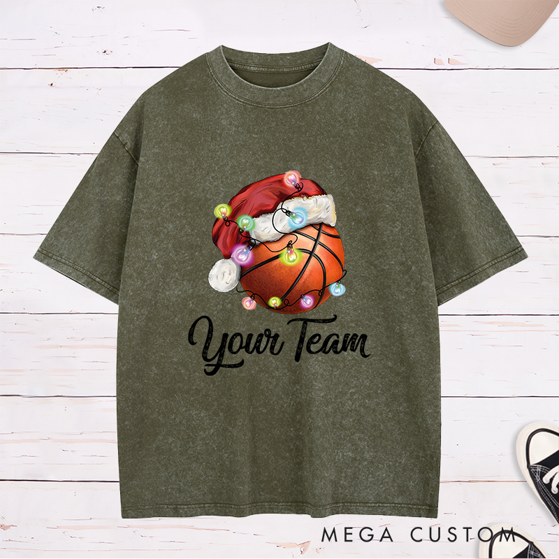 Personalized Festive Washed T-Shirt with Custom Team Name and Basketball Santa Hat Design