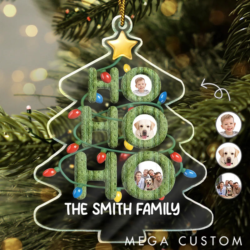 Personalized Photo Ho Ho Ho Family Christmas Tree Acrylic Ornament
