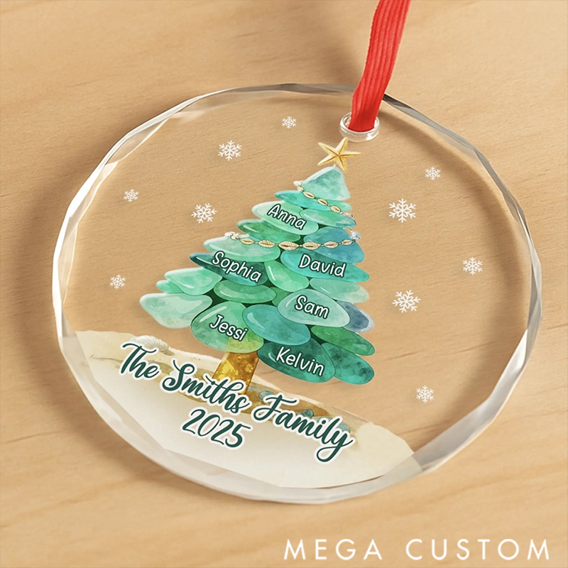 Personalized Peace by the Waves Sea Glass Circle Glass Ornament Christmas Birthday Gifts for Mom Dad